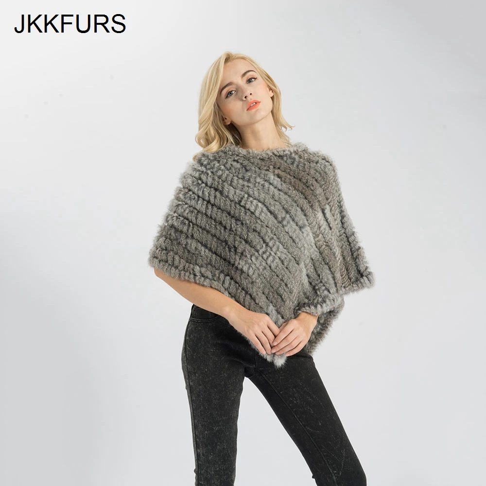 JKKFURS женское пончо с натуральным кроличьим мехом Модная стильная вязаная шаль