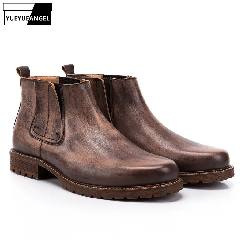 Italian Retro Men Genuine Leather Chelsea Boots Classic Motorcycle