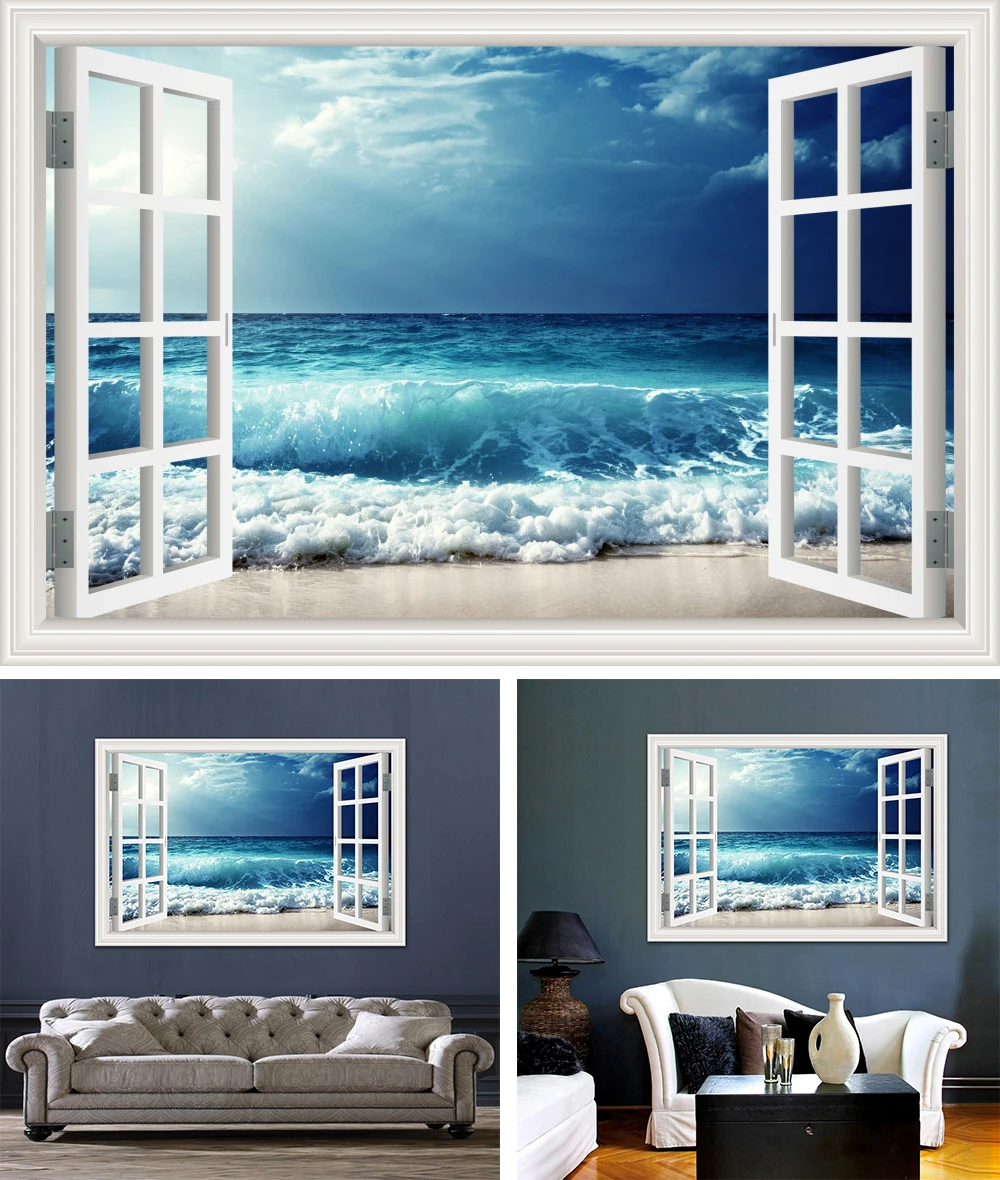 3d большая наклейка на стену, настенные картинки для гостиной, ванной комнаты, морской волны, вид на окно, виниловые обои для домашнего декора