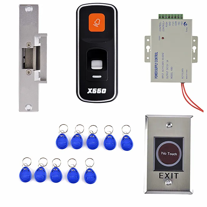 

Fingerprint 125KHz RFID ID Card Reader Door Access Control System Kit+Power Supply +10 Key Card +NO Touch Door Switch