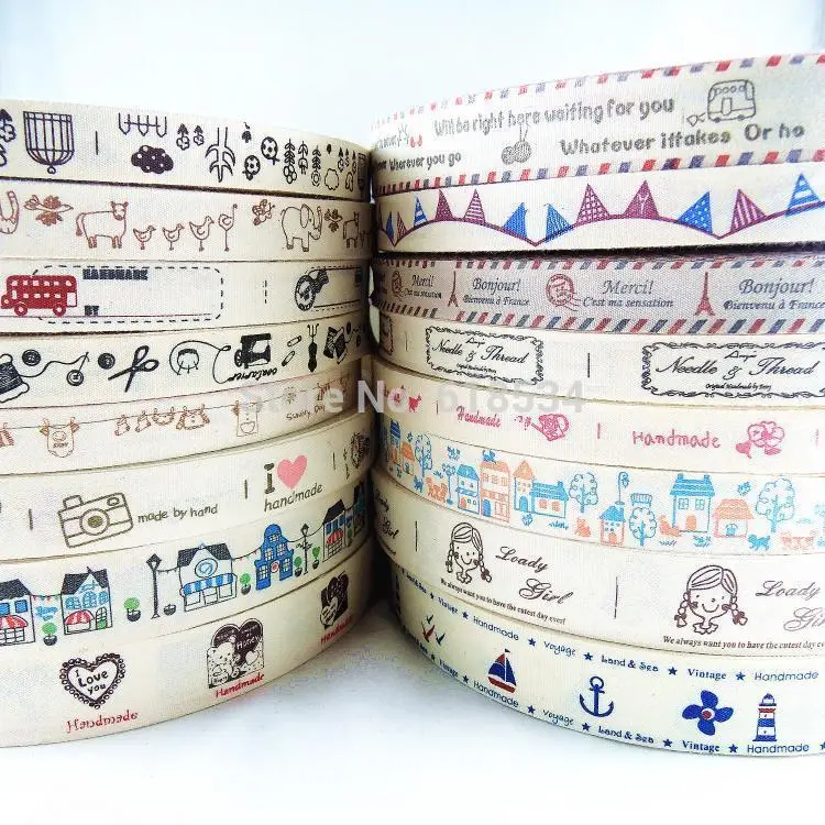 

Mixed 16 Models Wholesale15mm 20mm 25mm Mixed Printed Cotton Ribbon Fabric Sewing Tape DIY ZAKKA Handmade Label 16 yards Y-140