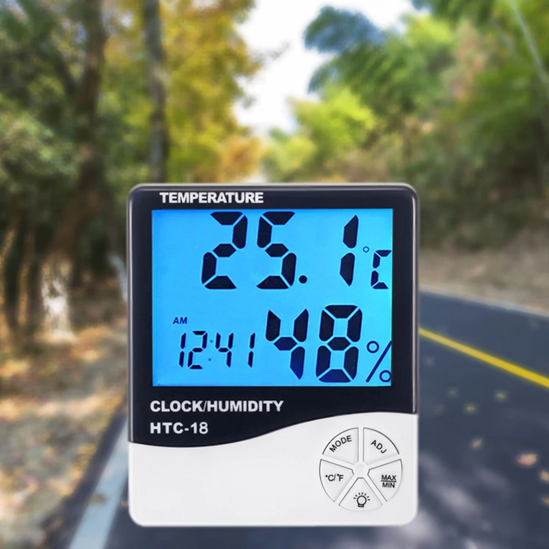 Синий световой ЖК-цифровой термометр гигрометр Будильник C/F Измеритель температуры и влажности для комнаты, кухни, метеостанция, HTC-18