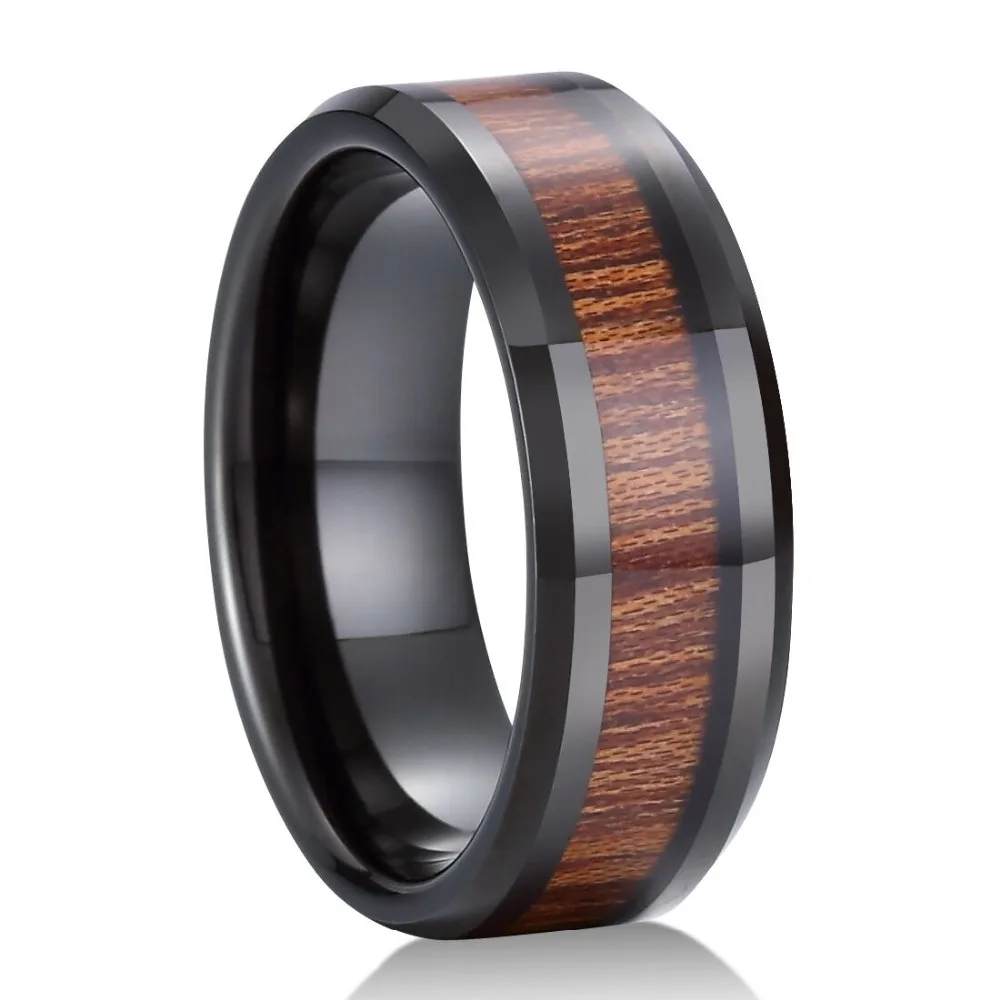 

New 8mm Black Ceramic Ring Inlay Nature KOA Wood Comfort Fit Men Wedding Band Anniversary Rings Classic Jewelry Gift