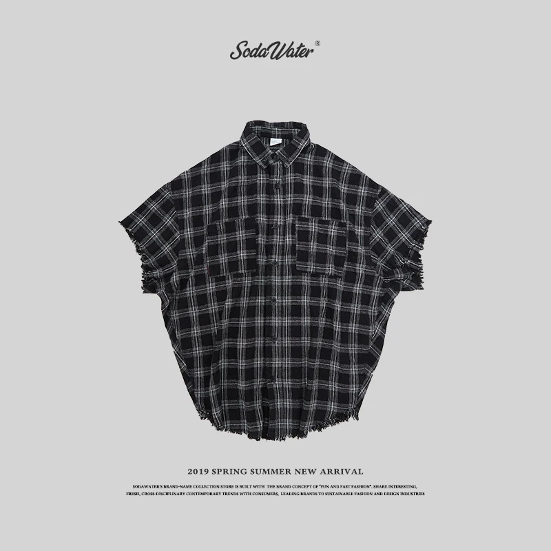

SODA WATER Men Streetwear Oversize Plaid Shirt Men Harajuku Turn Down Collar Black Shirts Men Dress Cut-Out Hem Shirts 9253S