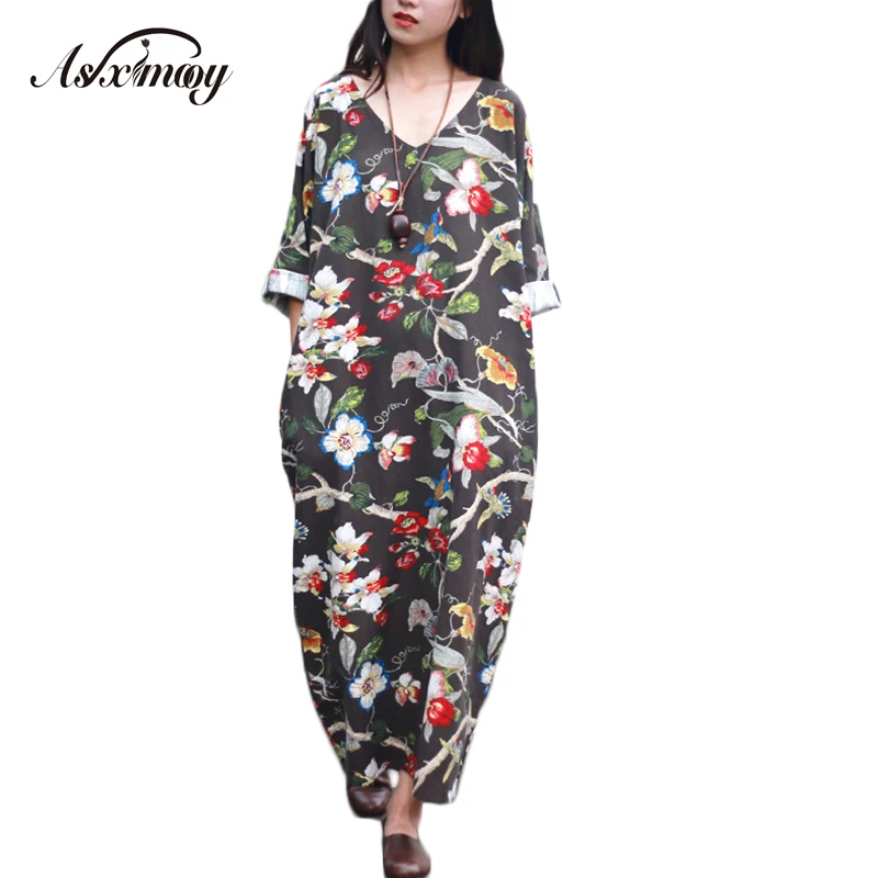 New Vintage Print Cotton Linen Dress Women 3 4 Sleeve Plus Size V neck Casual Summer Long Maxi Dress Vestido Robe Dresses 2017