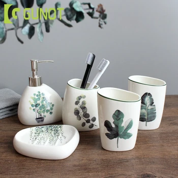

GUNOT 5pcs/set Ceramic Bathroom Set Soap Dispenser/Toothbrush Holder/Tumbler/Soap Dish Bathroom Accessories Home Decoration