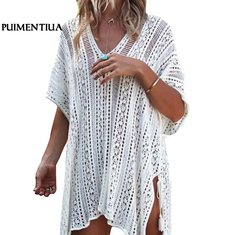 

Puimentiua 2018 Summer Beach Cover Up Blouses Women Sexy Hollow Out Crochet Knitted Beachwear See-Through Shirts Blusa Swimsuit
