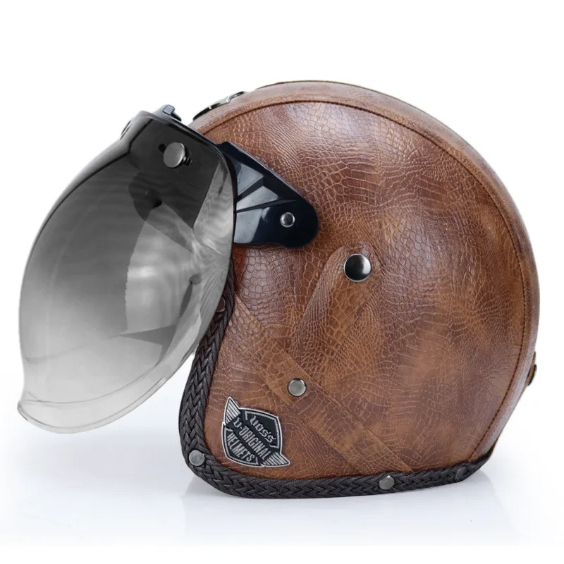 Ретро винтажный мотоциклетный шлем 3/4 с открытым лицом в горошек с козырьком из искусственной кожи Casco Moto шлем для мотокросса шлемы с Goggle Mask