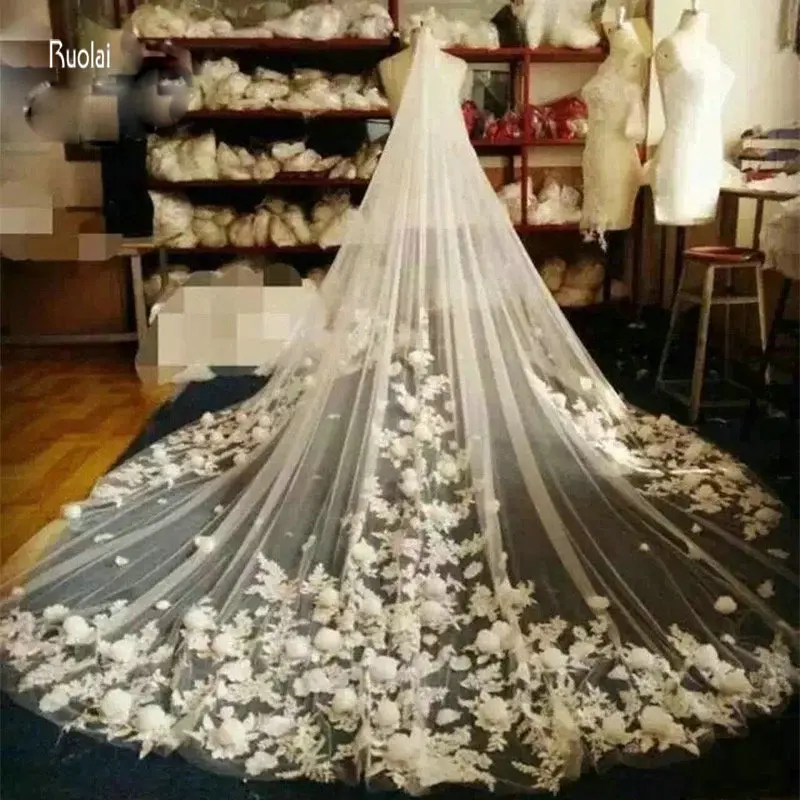 Wedding Lvory Long Lace Edge Cathedral Gown Bridal 3 M Veil White Tulle