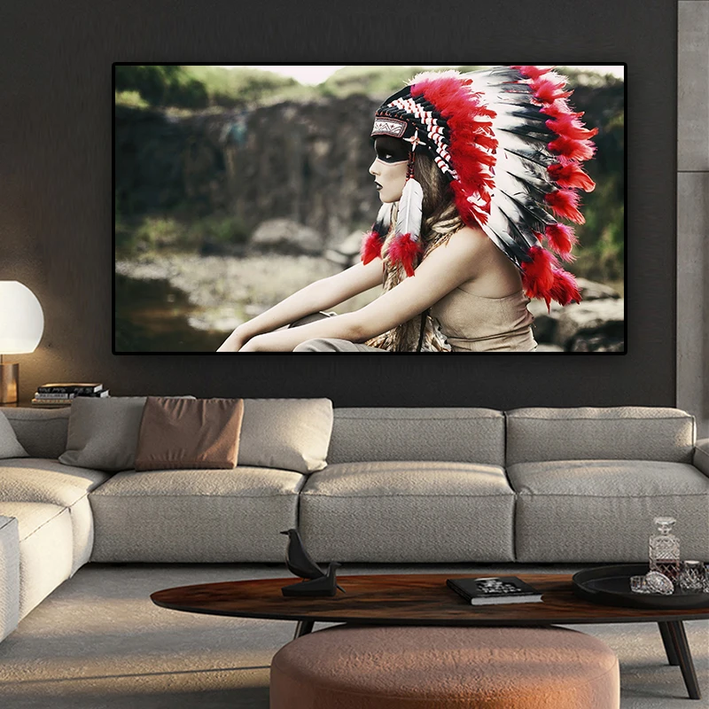 

Native Indian Headdress Portrait Painting on Canvas Posters and Prints Scandinavian Wall Art Picture for Living Room