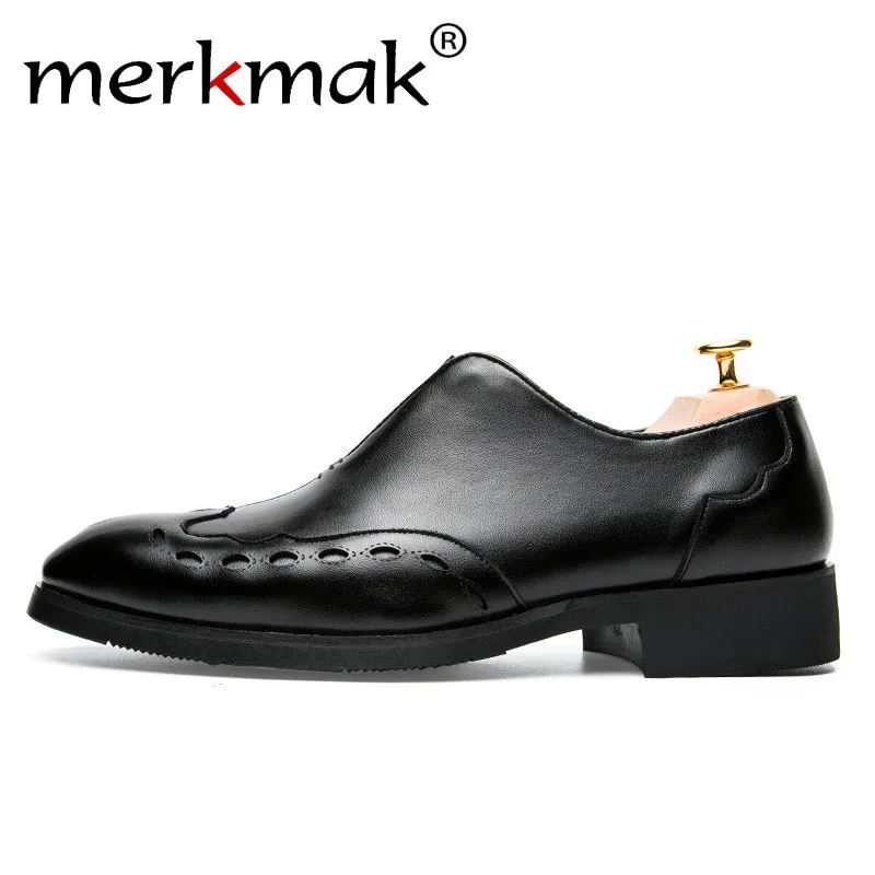 

Merkmak Men Black Dress Loafer Leather Formal Wedding Business Oxfords Shoes Pointed Toe Elegant Shoes Brogue Bullock Men Flats