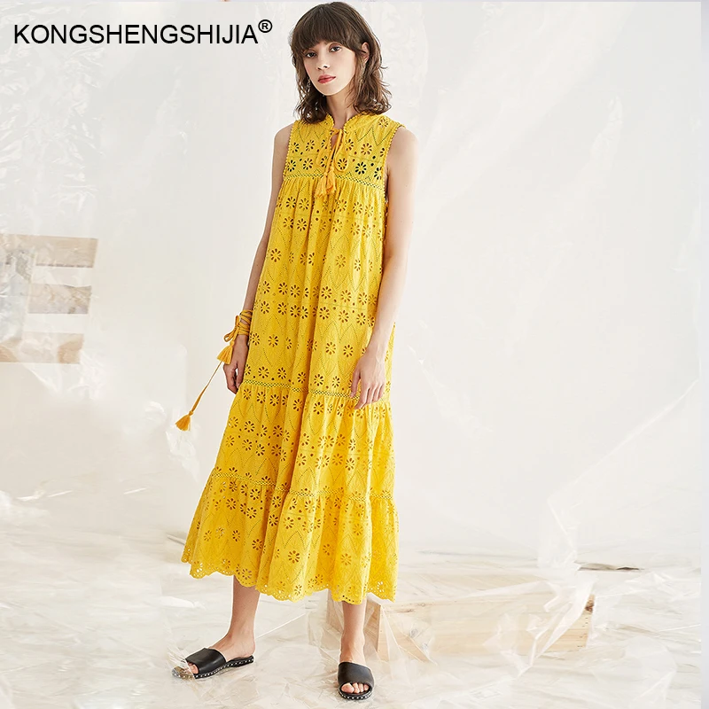 

high quality 2017 new spring summer hollow out embroidery designer women cotton dresses white yellow tassel holiday style dress