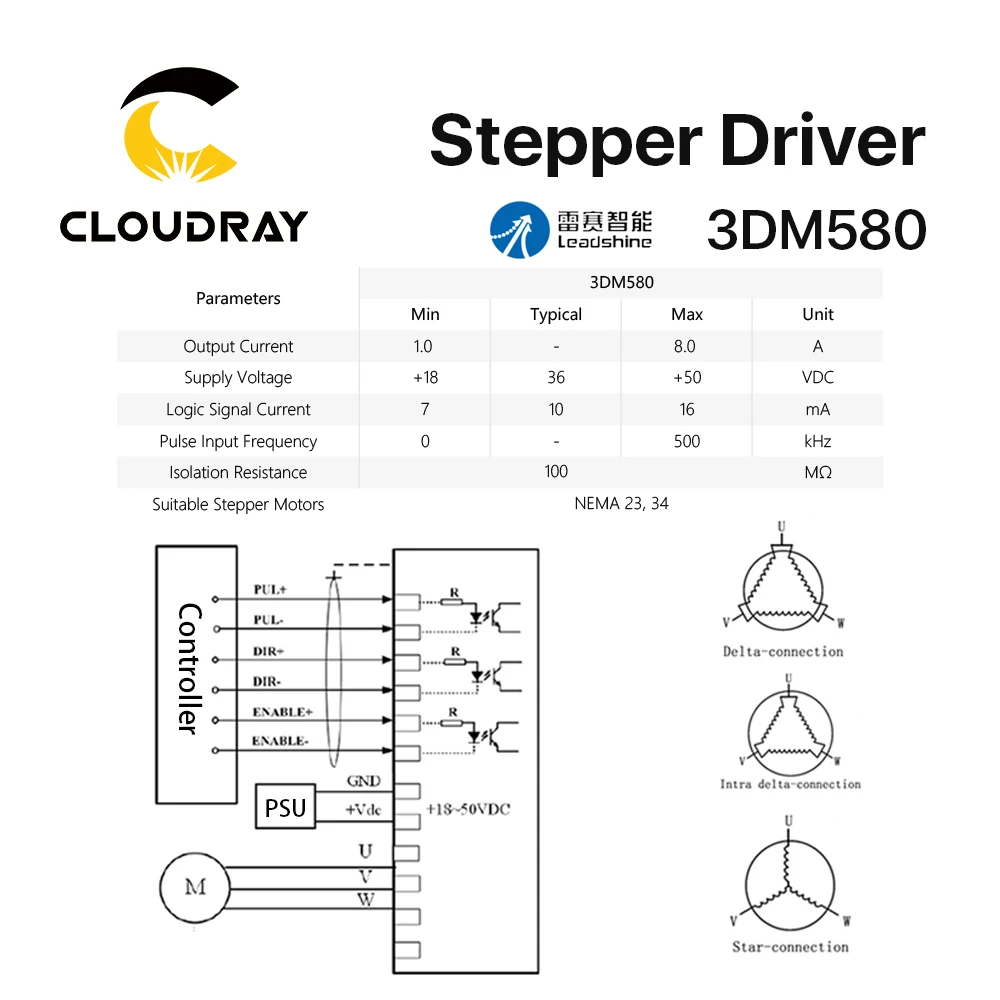 Cloudray Leadshine 3 фазы 3DM580 Драйвер шагового двигателя 18-50VDC 1,0-8.0A