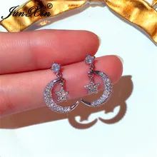 JUNXIN милые маленькие серьги-гвоздики со звездой, Луной для женщин, повседневные ювелирные изделия, Белый Хрустальный циркониевый свадебный серьги, 925 серебро, цветная серьга