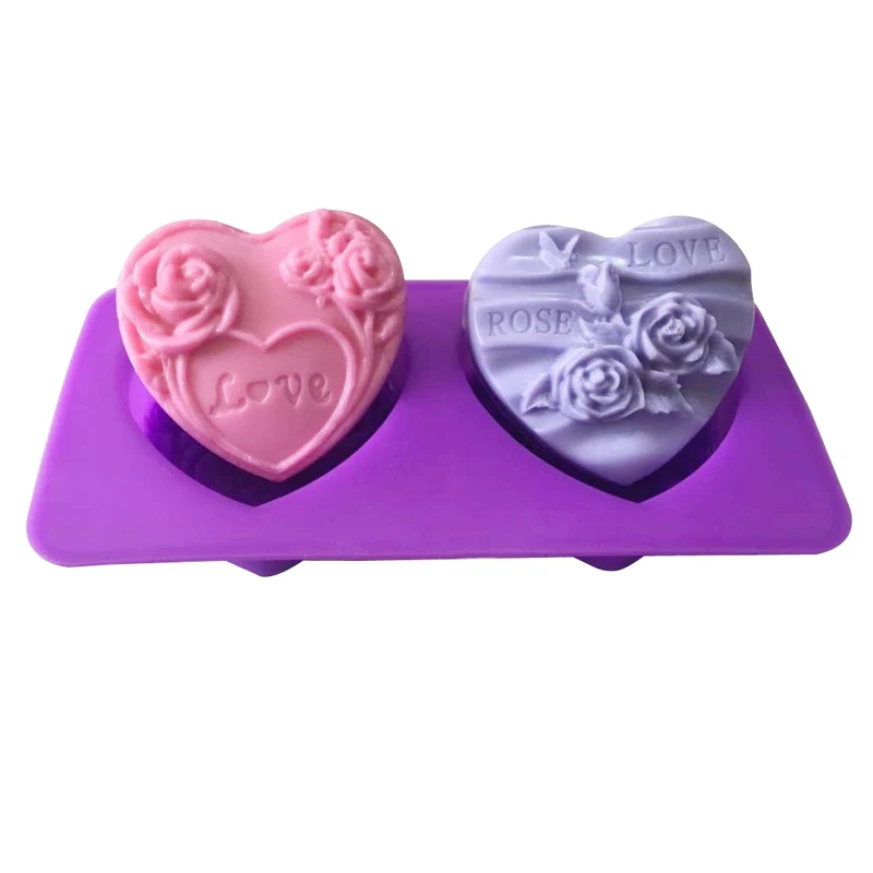 2 穴ハート花のチョコレートキャンディシリコン金型耐熱皿ペストリーツール石鹸ポリマークレイ金型ハートアイスキューブモールドclay mold