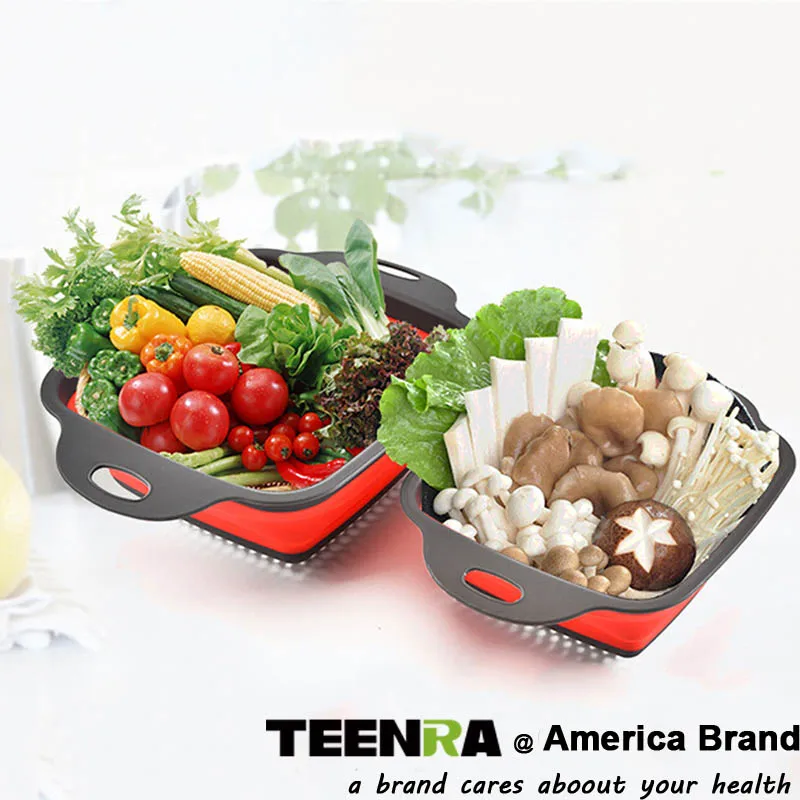 TEENRA квадратная силиконовая складная корзина для слива, силиконовый складной дуршлаг, кухонная корзина для слива фруктов, овощей, корзина для мытья