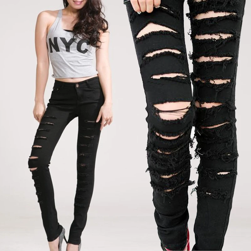 Black Cotton Denim Ripped Punk Cut Out Women Skinny Pants -6468