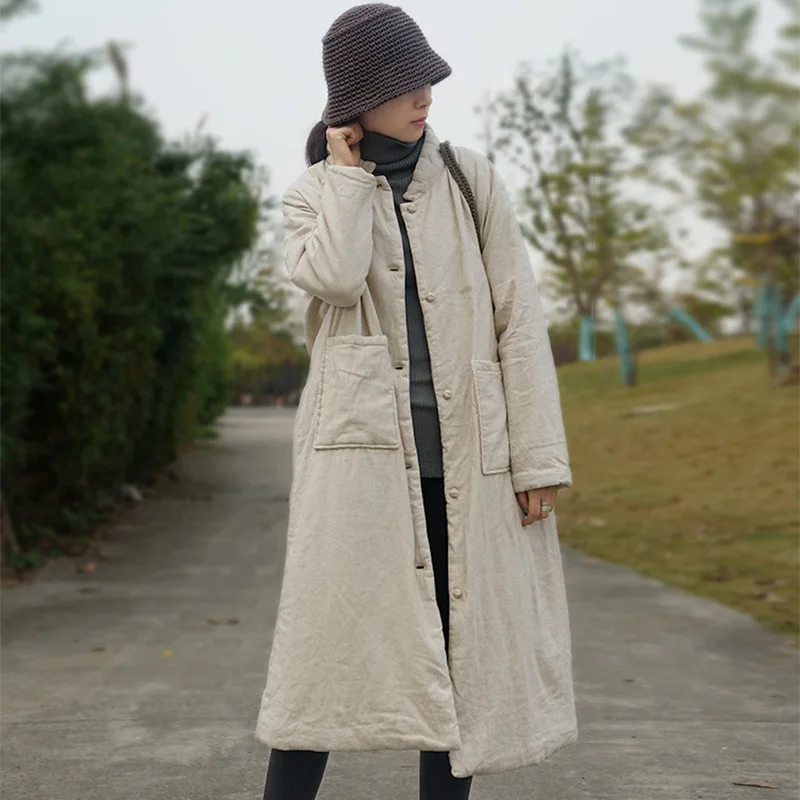 SCUWLINEN зимняя куртка женская винтажная однотонная свободная длинная парка со стоячим воротником с хлопковой подкладкой мужское повседневное толстое теплое пальто M668 - Цвет: Linen Color