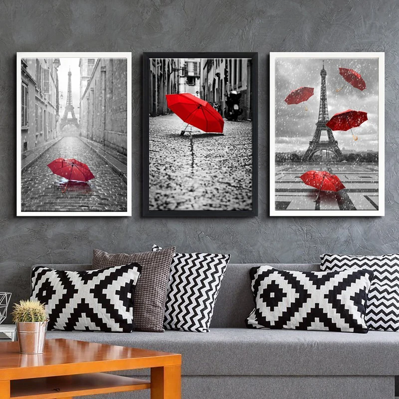 

Canvas Paintings Wall Art Prints Frame Home Decor Living Room Poster 3 Piece Black White Eiffel Tower With Red Umbrella Pictures