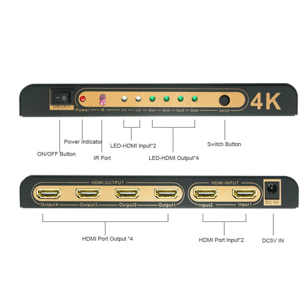 STEYR IR Remote 4Kx2K 2 in 4 Out 2x4 HDMI Switcher Splitter 2 input 4 output HDMI Splitter with DC5V Power STEYR IR Remote 4Kx2K 2 in 4 Out 2x4 HDMI Switcher Splitter 2 input 4 output HDMI Splitter with DC5V Power