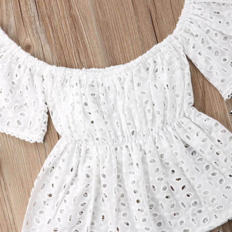 Baby Girl Off Shoulder Lace Tops Short Sleeve Hole Shirt Stripe Shorts Briefs Headband 3pcs Outfit Clothes Summer Set