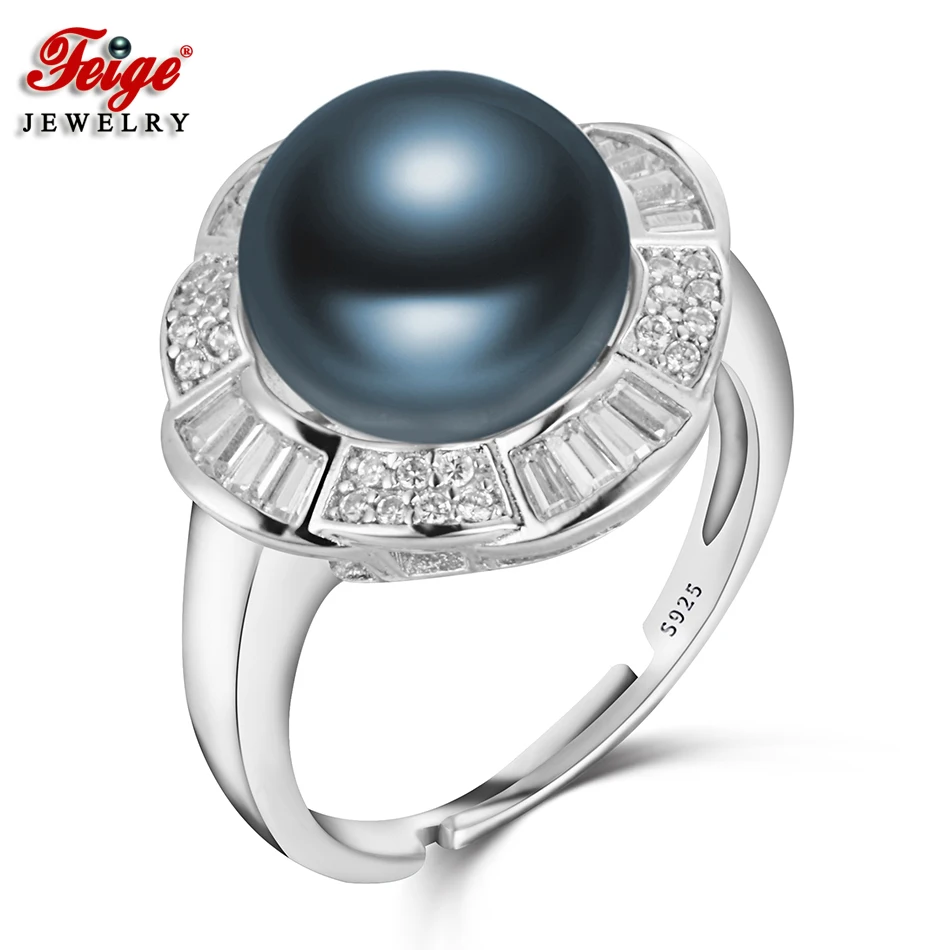 

FEIGE Wholesale Luxury Pearl Finger Rings 925 Sterling Silver Ring Fine Jewelry 10-11MM Blue Freshwater Pearl Jewelry for Women