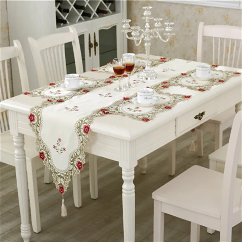 

European Table Runner Embroidery Elegant Tablecloth Organza Fabric Embroidered Rustic Table Runners Wedding Decoration Cover