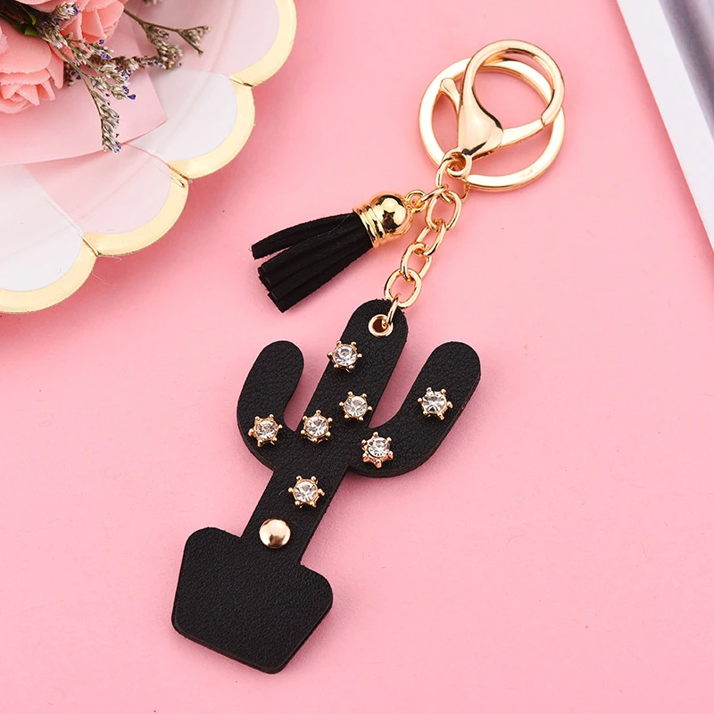 

Cute Creative Cactus PU Keychain Tassel Crystal Leather Key Chain Gifts for Women Korean Style Car Ring Kids Bag Pendant Jewelry