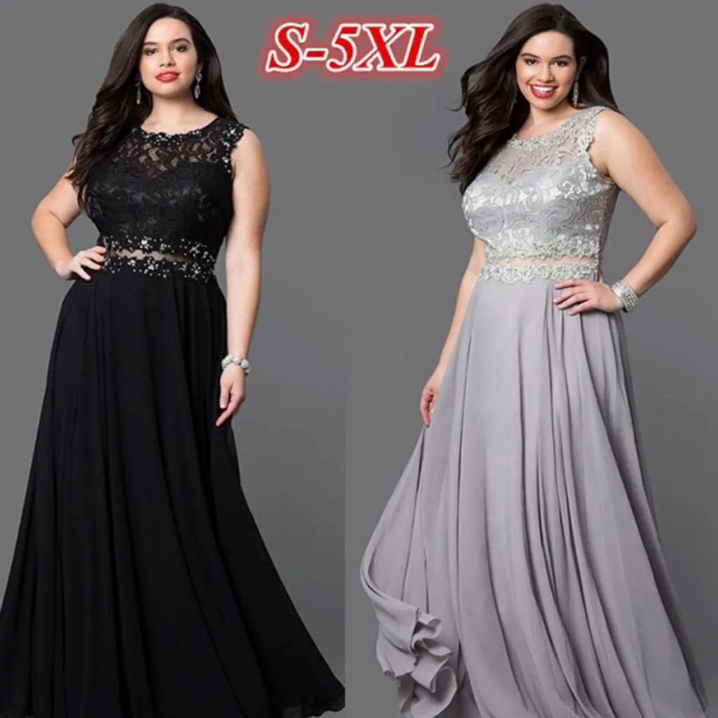 

Women Sleeveless Lace Patchwork Solid Loose Hem Party Long Dress