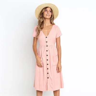 Летнее платье средней длины с коротким рукавом и v-образным вырезом, на пуговицах, для женщин, повседневный стиль, однотонная туника с карманом, пляжные платья - Цвет: Розовый