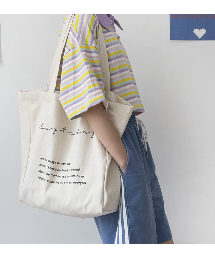 Women Canvas Shoulder Bag Day To Day Letters Print Daily Shopping Bags Students Books Bag Cotton Cloth Handbags Tote For Girls