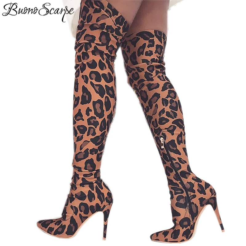 Haute Femmes Sur Léopard Leopard 11 Cm Boot Le Buonoscarpe Pointu Talons Taille Tissu Stretch Mince Bottes Grande Bout Genou vnwNm80