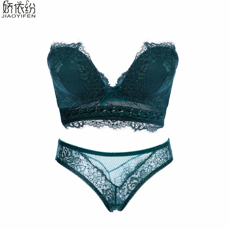 Sexy Lace Women Underwear Set Push Up Bra Sets Embroidery Printing Brassiere Strapless Deep V Small Chest Lingerie and Pant Sets