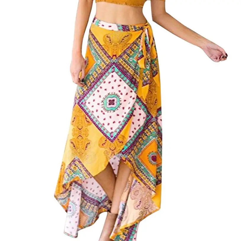 KANCOOLD Для женщин юбки Лето Для женщин feminina с высокой талией Boho асимметричный подол связать принт Обёрточная бумага юбка боди M23 MA9