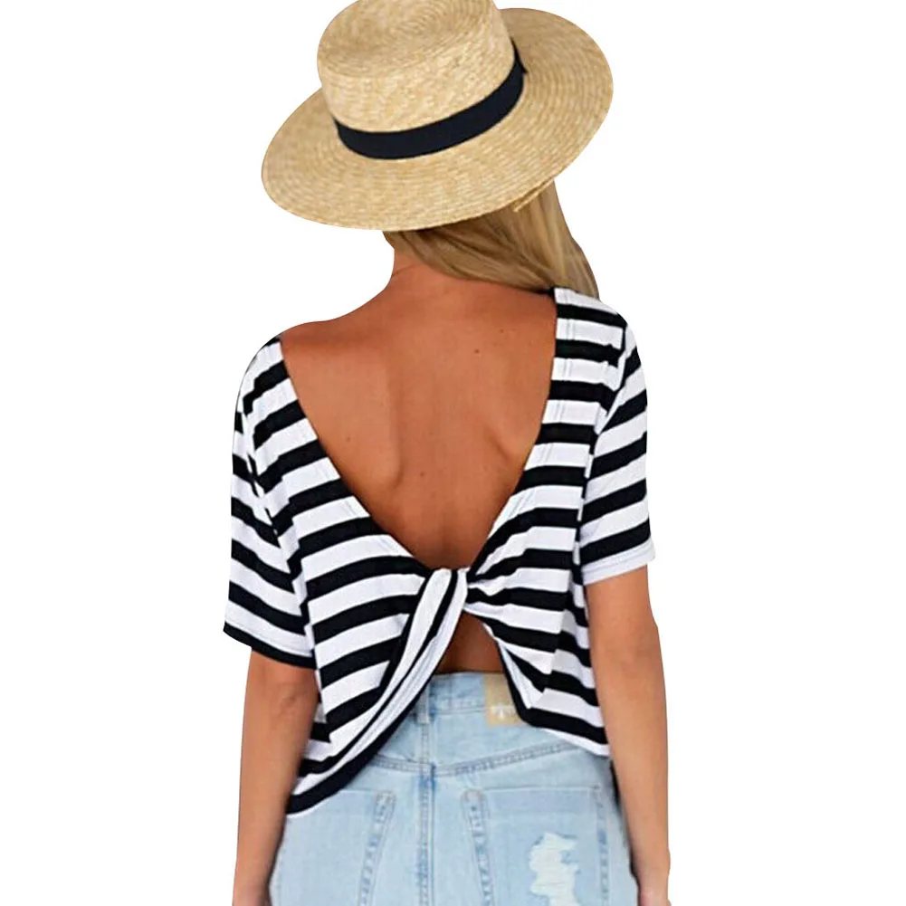 

Summer New Fashion Women's European Style Sexy Back Cross Backless Short Sleeve Striped T-shirt NFE99