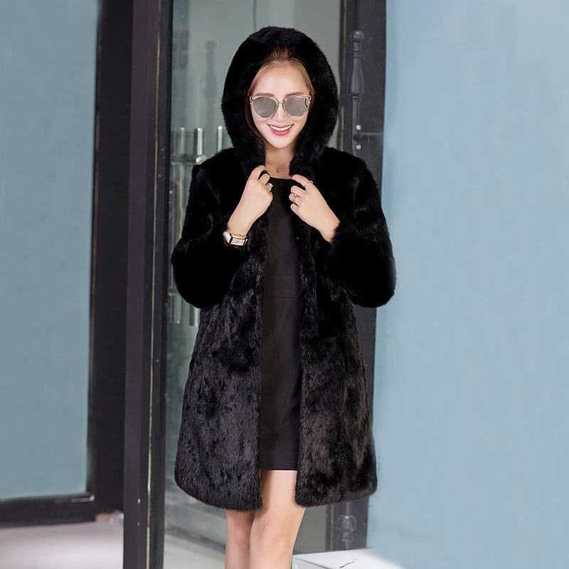 

2019 New Women Clothing Natural Real Fur Coat Hoodies Rabbit Fur Jacket Winter Warm Long Overcoat Oversized Puls Size tsr615