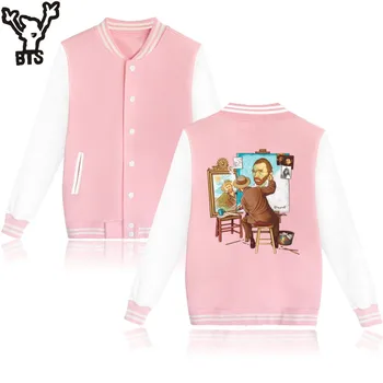 

KPOP Van Gogh Triple Self Portrait Baseball Jacket Men Pink Jeans Jacket Fashion Long Sleeve Casual Coat O-Neck Cotton Outerwear