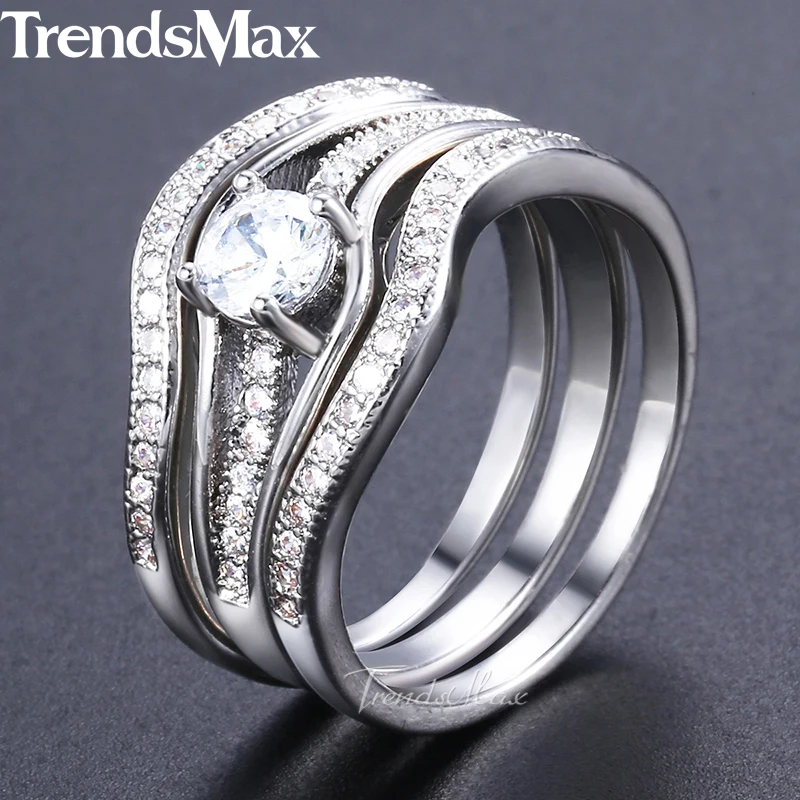 Trendsmax Paved Round Cubic Zirconia CZ Wedding Band Ring Set For Women White Gold Filled Fashion Jewelry KGR44