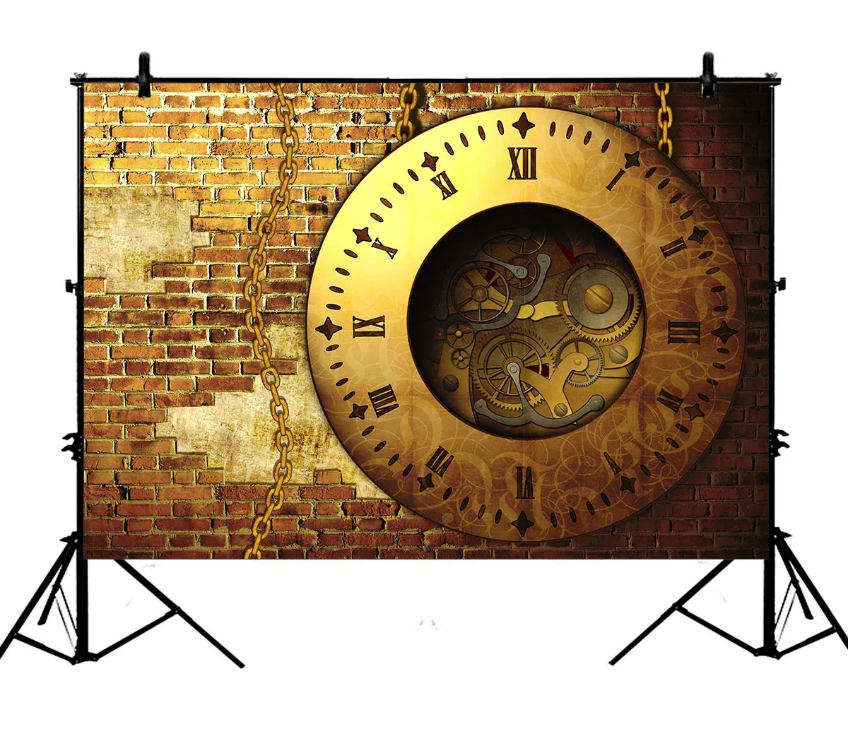 

5x7ft Retro Metal Clock Steampunk Iron Chain Brick Wall Polyester Photo Background Portrait Backdrop