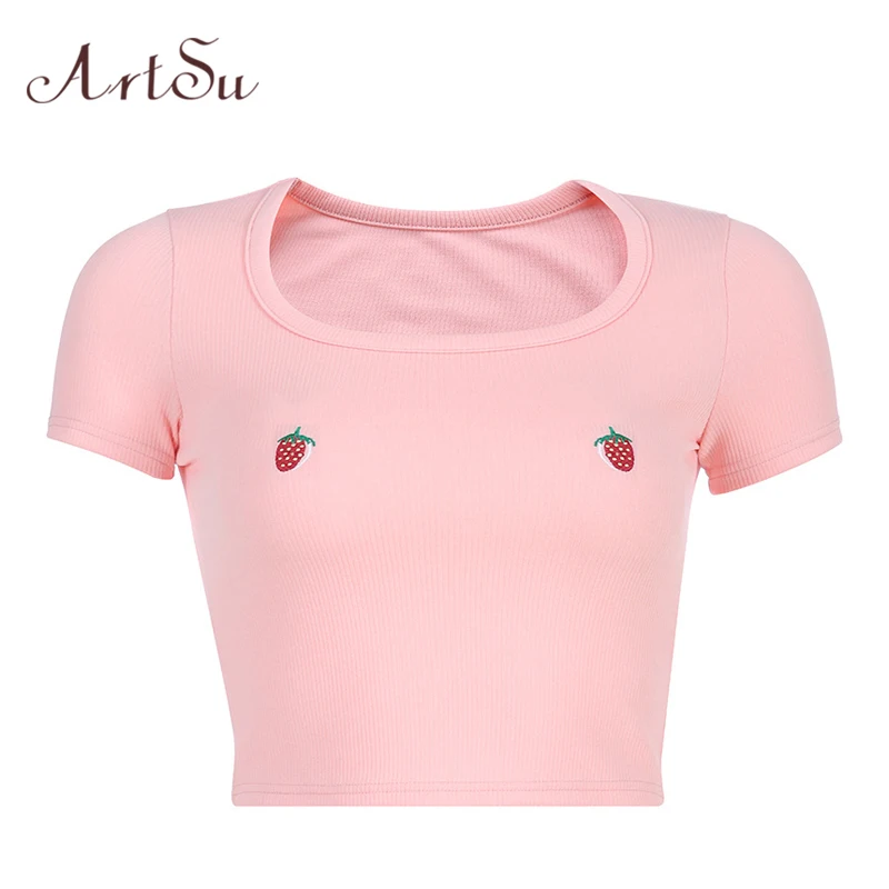 

ArtSu Cherry Embroidery Kawaii Pink Top Short Sleeve Crop Top Sexy Basic Tshirt Femme Cute Summer Korean Shirt ASTS20762