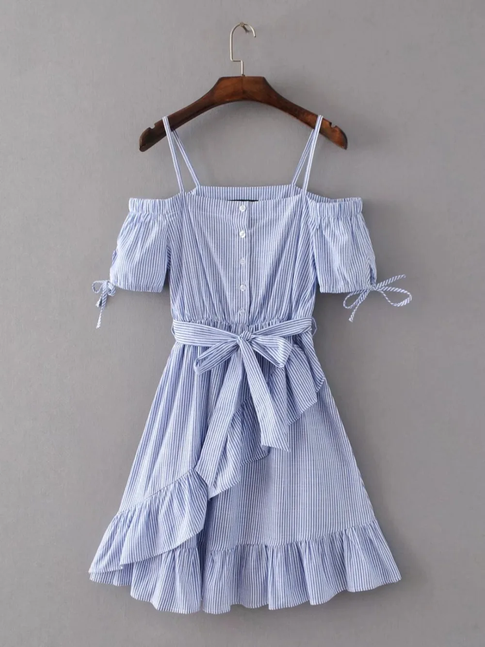 Off-the shoulder Short Sleeve Striped Dress