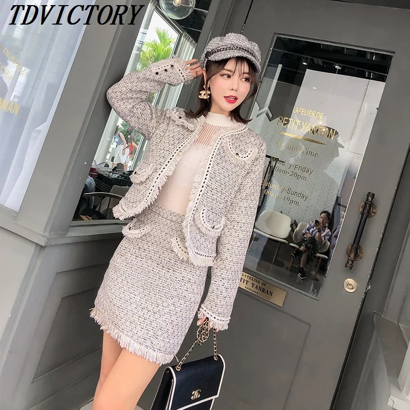 

2019 New Spring Autumn Runway Tweed Two Piece Set Tassel Wool Blend Women Weave Jacket Coat + High Waist Mini Skirt Suits