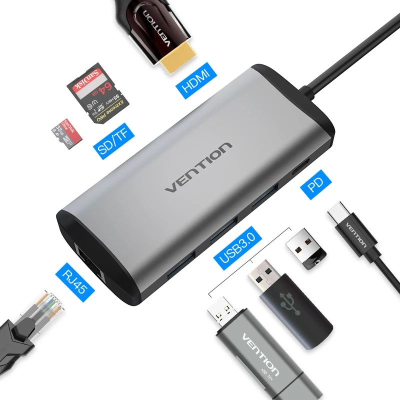 Vention usb-хаб type C-HDMI USB 3,0 концентратор Thunderbolt 3 адаптер для MacBook samsung S10 huawei mate 20 P30 Pro Apple USB-C HUB - Цвет: CNDHB gray