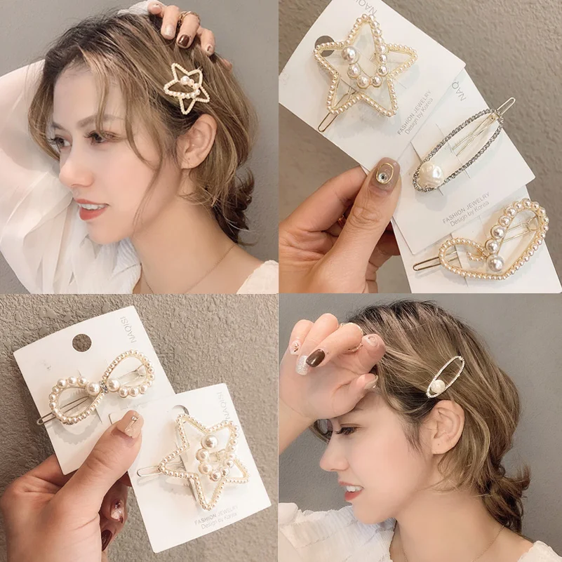 

Imitation Pearl Crystal Hairpins Korean Alloy Hair Accessories Geometric Star Heart Bows Hair Clips for Women Handmade Barrettes