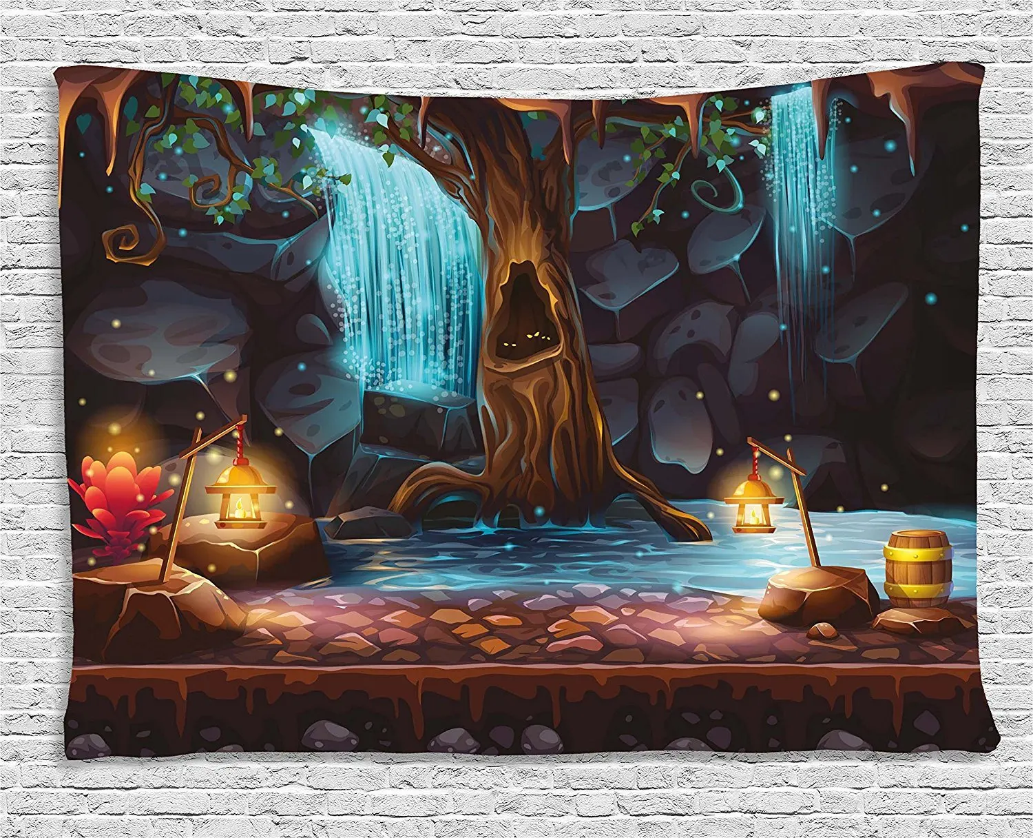 

Fantasy Decor Tapestry Forest with Cave Waterfall and Magic Tree Barrel of Gold Elf Image Wall Hanging for Dorm