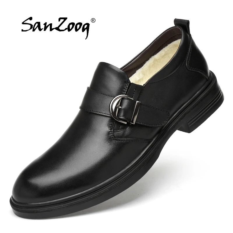 

2018 winter solid buckle strap leather shoes men cotton thick keep warm round toe plus size 49