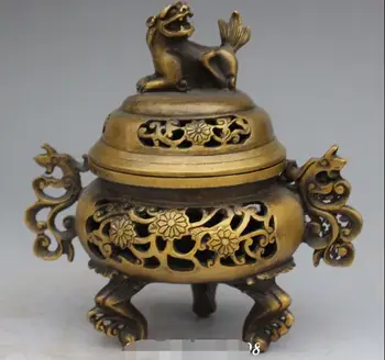 

8"Old Marked Chinese Dynasty Palace Bronze Fly Dragon Lion Incense burner Censer