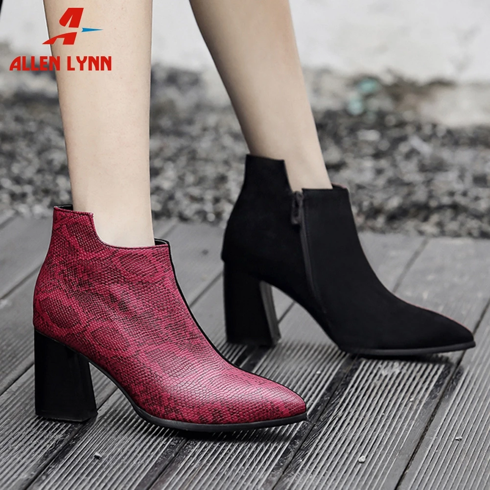 

ALLENLYNN Ankle Boots Woman Winter Fashion Mixed Colors Square High Heels Short Plush Add Fur Ankle Boots Woman Plus Size 32-48