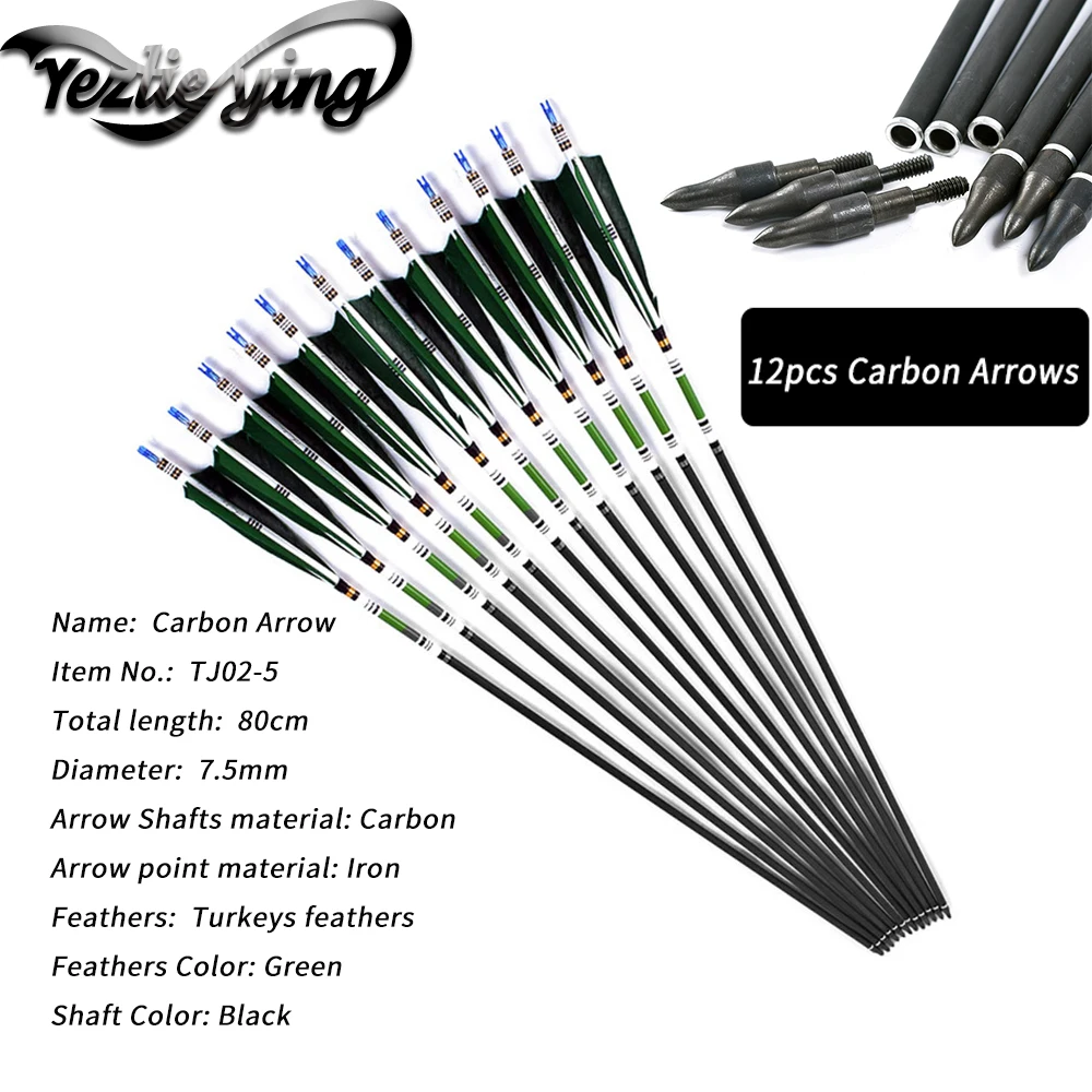 

12PCS 30Inch Spine 500 Pure Carbon Arrow Bow For Shooting Green True Feathers Replaceable Arrows for Recurve Bow Hunting Archery