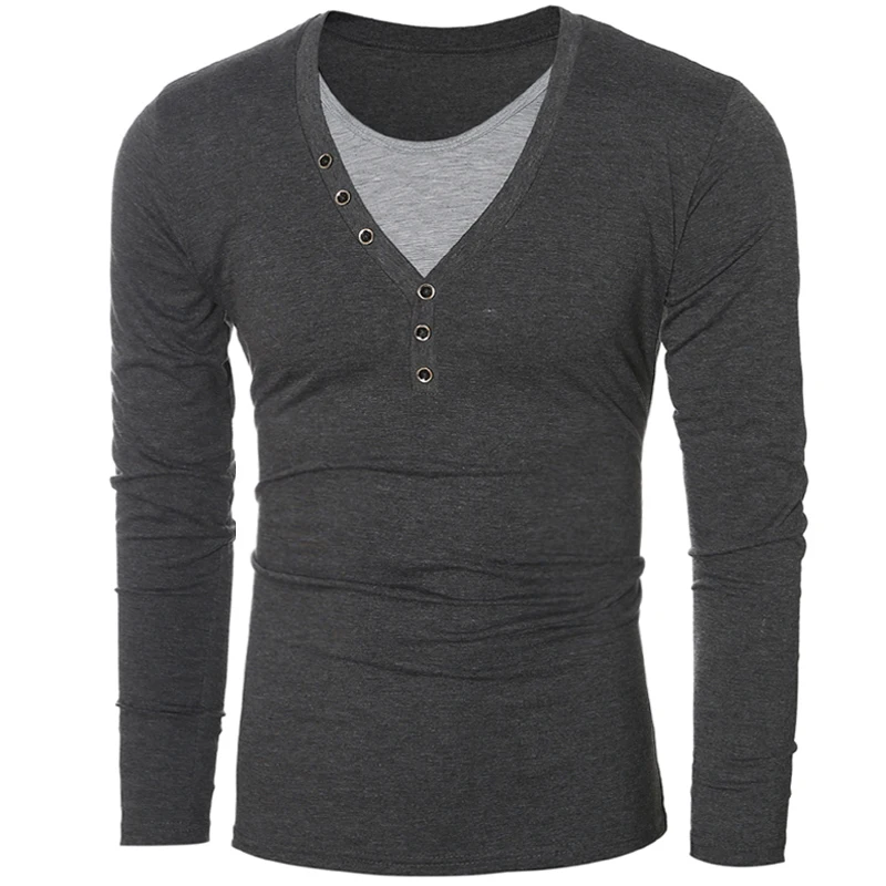 2016 Hot Sale Mens Autumn Casual T-Shirt Fashion Slim Long Sleeve V Neck T Shirt Button Decorating Tees